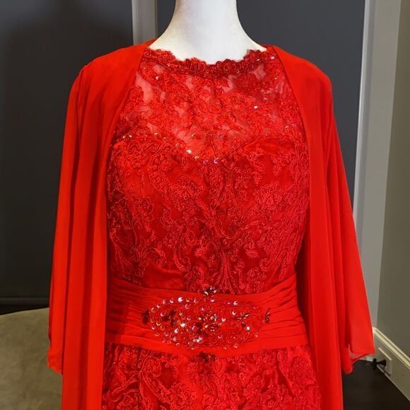 Women’s Red Dress with Corset Back and Matching Chiffon Jacket Size M - Picture 2 of 12